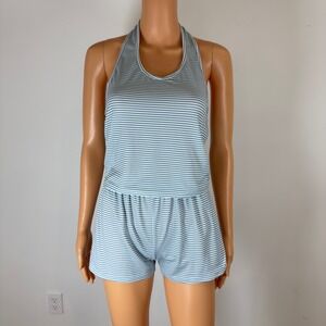 Striped Halter Crop Top and Shorts Lounge Set Light Blue White Size Medium